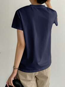 Dazy-Less 女士夏季纯色圆领短袖休闲T恤老款商务休闲女工作服 - 藏蓝色 - 查看 3