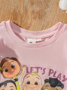 CoComelon X SHEIN 2pcs Baby Girl Cartoon Figure Graphic Knit Round Neck Sleeveless Top And Biker Shorts Set