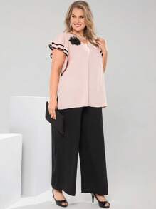 EMERY ROSE 2pcs/Set Plus Size Women 3D Flower Decor Ruffle Sleeve Shirt & Wide Leg Pants Set Elegant Outfit Women Plus Summer Set