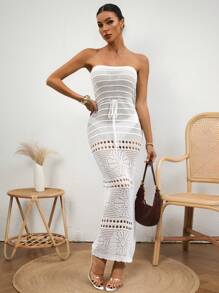 SHEIN Swim 女士优雅度假风格派对抹胸系腰白色针织罩衫连衣裙，夏季海滩度假 - 白色 - 查看 3