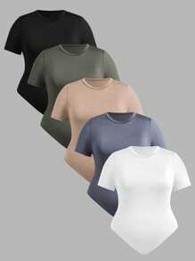 Solflare Plus Size Basic Round Neck Short Sleeve Bodysuit - Multicolor - View 13