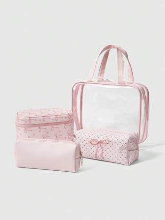 Kawaii Set de 4 bolsas de almacenaje con estampado kawaii de lazos y corazones, dulces y elegantes en color rosa