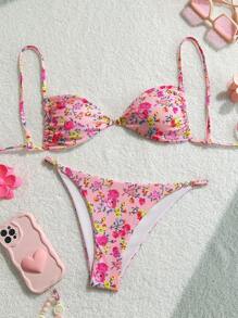 SHEIN Swim Springbreak Women Beachwear Summer Outfits For WomenWomen's Colorful Floral Print Bikini Swimwear Set Floral BikiniTwo Pieces Bikini