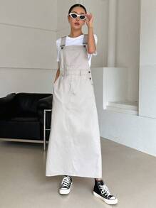 DAZY Solid Slant Pocket Pinafore Dress Without Tee - Light Grey - View 6