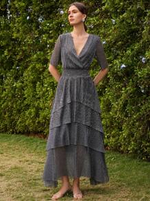 Anewsta Đầm Maxi Cổ Chữ V Tay Lửng Xếp Ly Eo Peplum Viền Xếp Ly Cổ Chữ V Thanh Lịch Thời Trang, Lễ Hội, Đi Chơi, Trang Phục Kỳ Nghỉ Cho Phụ Nữ, Trang Phục Mùa Xuân Giản Dị - Bạc - Xem 7