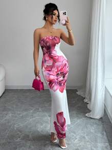 Elenzga Red Floral Dress, Elegant And Graceful, Suitable For Beach, Vacation, Party, Valentine's Day, Cocktail - Multicolor - View 1