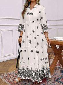 SHEIN LUNE Vestido de encaje con cuello en V y estampado floral con ubicación, de talla grande, de SHEINLUNE - Blanco y Negro - Ver 5
