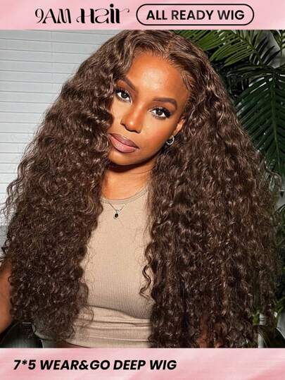 ALL READY WIG Peluca de cabello humano con onda profunda de densidad 180, color #4 chocolate, para mujeres, con encaje fundido, sin pegamento, cabello humano 100%, listo para usar, previamente decolorado, previamente desplumado, previamente recortado, peluca frontal de 7x5 pulgadas, marca 9AM HAIR