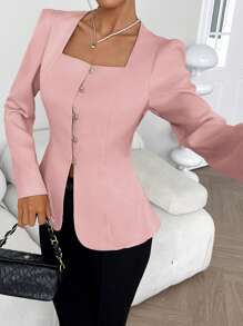 SHEIN Clasi Women's Elegant Solid Color Casual/Office Trapezium Collar Long Sleeve Shirt With Metal Buttons, A-Line Cut, Apricot Color, Spring/Autumn/Winter - Pink - View 7