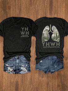 Calvaya Plus Size Lungs Christian & Every Breath Speaks His Name Okrągły dekolt Krótki rękaw Graficzny T-shirt, Damski Czarny Top