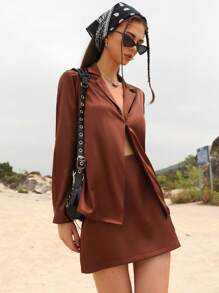 Femmeiva 2pcs Women Business Casual Satin Blouse With Metal Buttons & Short Straight Skirt Set Fall Cloth For Women - Brown - View 1