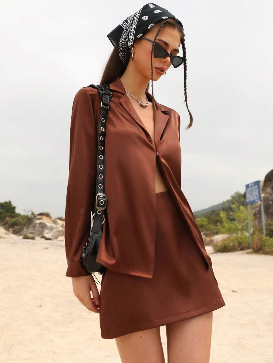 Femmeiva 2pcs Women Business Casual Satin Blouse With Metal Buttons & Short Straight Skirt Set Fall Cloth For Women - Brown - View 1