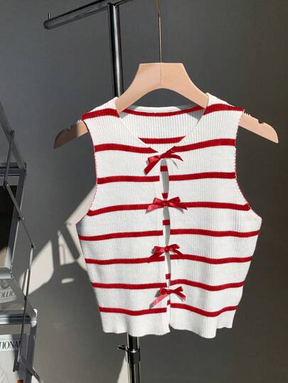 Comfortcana Top de punto sin mangas con rayas y decoración de lazo para mujer