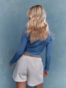 MISSGUIDED 金属标签平纹长袖短款上衣 - 霧霾藍 - 查看 2