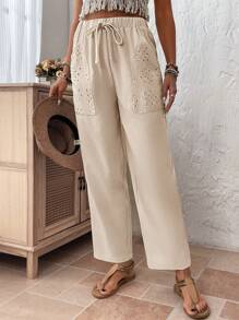 SHEIN LUNE Quần Hammer thiết kế túi vải lanh Jacquard màu cho nữ - Màu be - Xem 5
