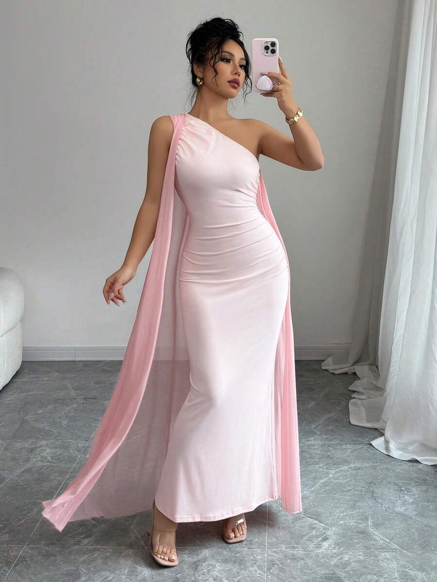 Elenzga Romantic Elegant One Shoulder Pleated Mesh Caplet Long Dress - Pink - View 1