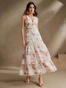 Anewsta 女士轻盈奢华度假优雅 V 领花卉印花多层荷叶边蕾丝下摆细肩带连衣裙，适合节日、外出、度假