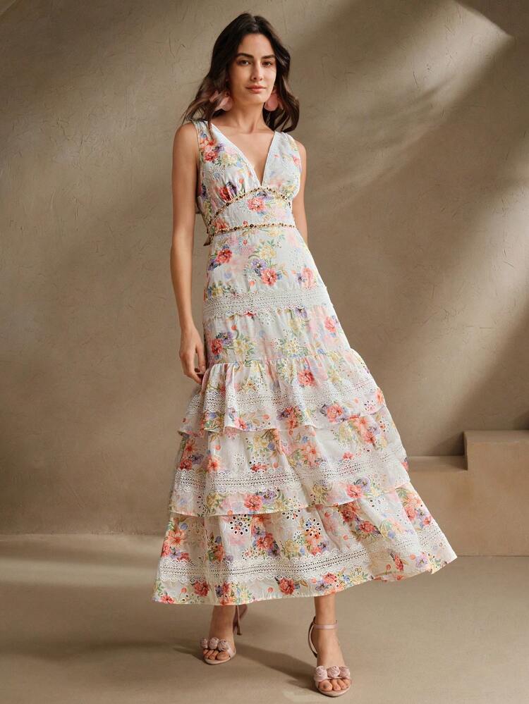 Vestido Leve e Elegante com Decote em V, Estampa Floral, Babados em Várias Camadas, Barra de Renda e Alças Finas, Ideal para Férias, Eventos e Passeios