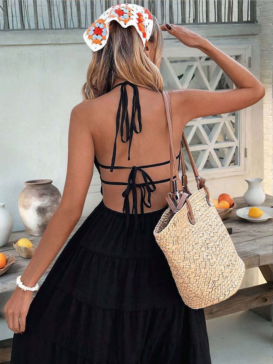 SHEIN VCAY 女士露背系带连衣裙,休闲度假风格 - 黑色 - 查看 1