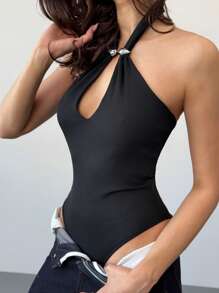 Aloruh Backless Metallic Hollow Decor Bodysuit, Tight Fit, Sexy Party Outfit For Women