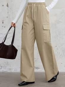 DAZY Loose Cargo Style Casual Straight Leg Women Pants With Big Pockets - Khaki - View 3