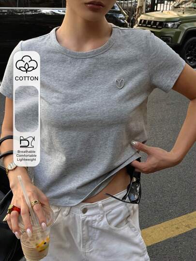 Dazy-Less Women's Casual Daily Solid Color Embroidered Heart Short Sleeve T-Shirt, Summer Old Money Style,Business Casual Women