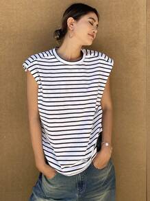 Livesso Camiseta De Cuello Redondo A Rayas Con Hombreras Para Ocasiones Casuales De Verano - Blanco y Negro - Ver 5