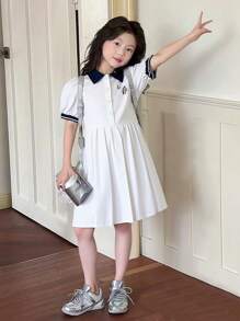 SHEIN 年轻女孩白色灯笼袖可爱刺绣小狗立领纽扣式休闲学院风舒适春夏连衣裙 - 白色 - 查看 3