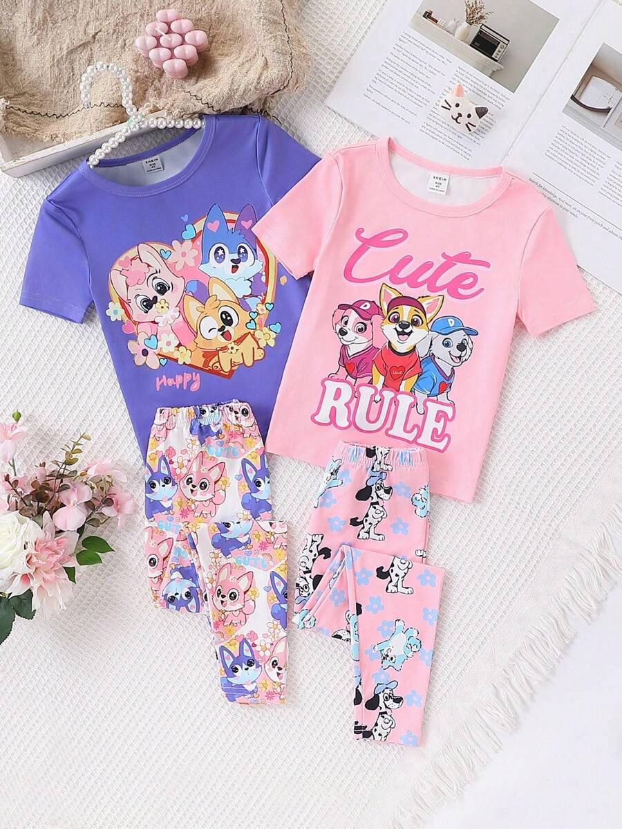 SHEIN 4pcs/Set Girls Cartoon Pattern Crew Neck Top And Long Pants Pajama Set - Multicolor - View 1