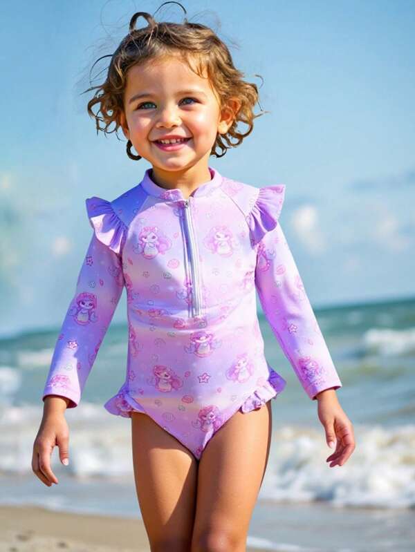 SHEIN Baby Girl Cute Gradient  Mermaid Print Ruffled  Long Sleeve One Piece Swimsuit,Baby Bathing Suit  With Headband,Zip Front Swimsuit,Easy To Put On And Take Off