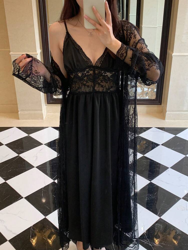 Women's Lace & Mesh Splicing Satin 2 Pieces Set, Casual