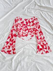 Soleia Women's Vacation Knit Mesh Red Insect & Butterfly Print Square Neck Long Flare Sleeve Fitted Cute T-Shirt - Red and White - View 2