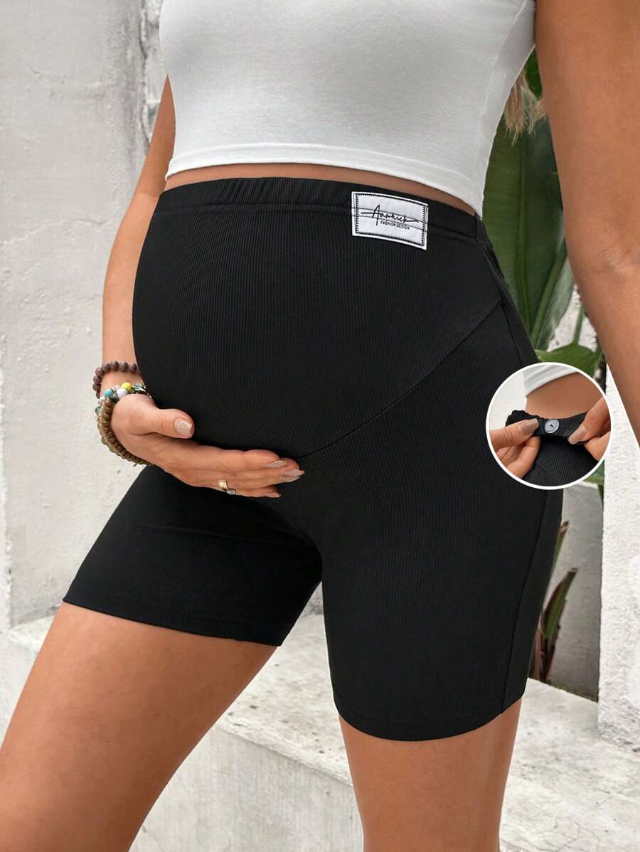 SHEIN Maternity Button Print Labeled Knitted Leggings - Black - View 1