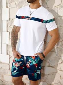 ResortEase Conjunto de camiseta y pantalones cortos de talla grande para hombres con estampado tropical de patchwork