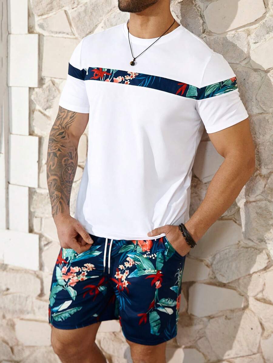 ResortEase Conjunto de camiseta y pantalones cortos de talla grande para hombres con estampado tropical de patchwork