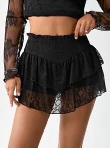 SHEIN LUNE Letnia spódnica mini w stylu boho z czarnej koronki, romantyczny strój na festiwal muzyki westernowej i amerykańskiej, strój na święta, strój hipisowski dla kobiet na koncert - Czarne - Zobacz 5