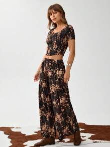 SHEIN LUNE 2pcs Black Floral Summer Boho Vacation Holiday Western American Countryside Print Set,Ladies Chic Hippie Clothes,Women Bohemia Two Pieces Set - Black - View 2