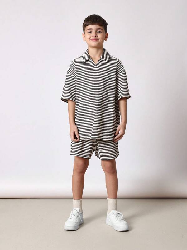 SUMWON Designer Kids Co-Ord Set Summer Terry Crochet Set Spring Holiday Resort Casual Set Striped Matching Set Beach Club Look Polo Shorts Set Weekend Outfit