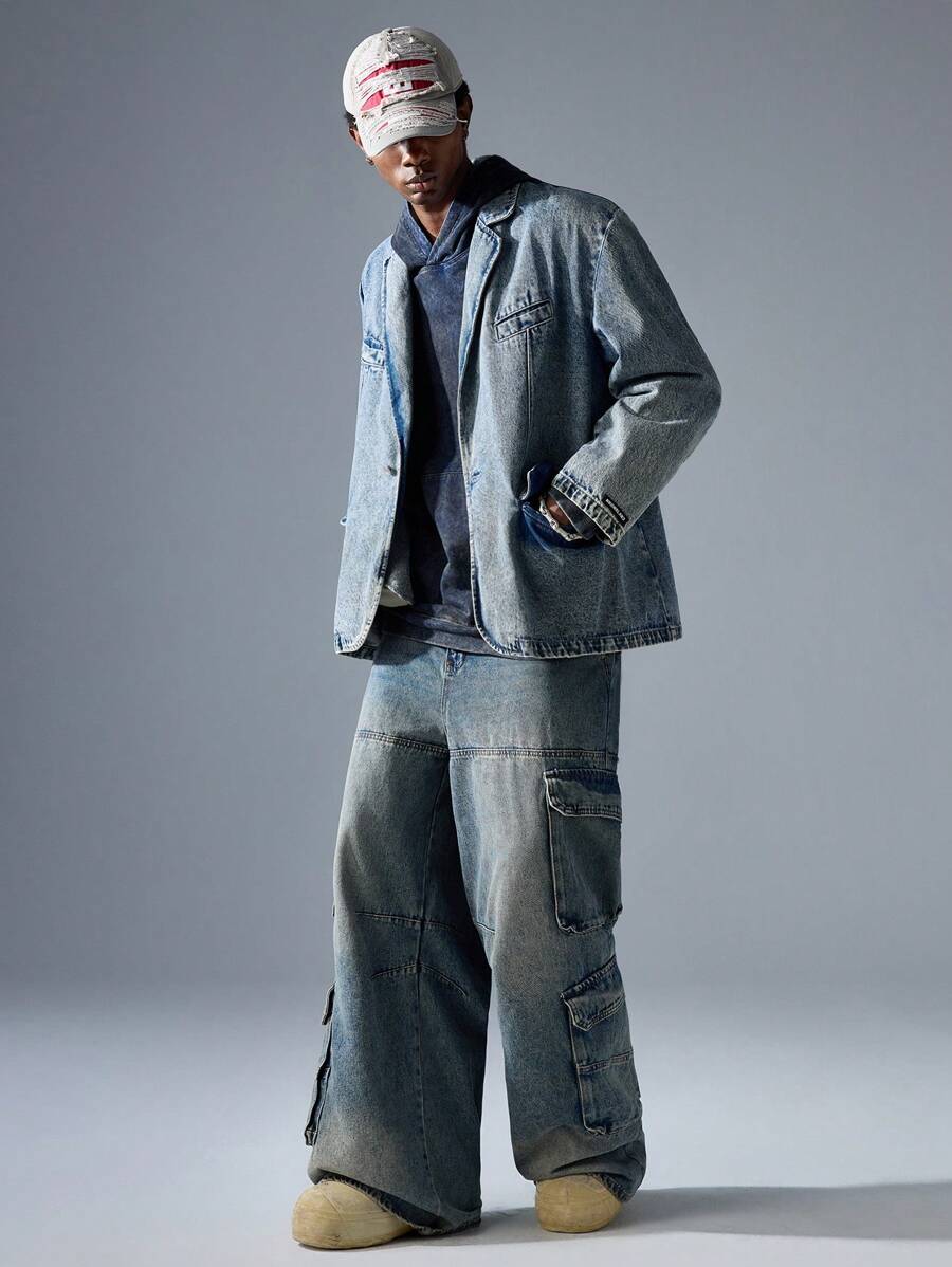 NEON BLANC Men's Street Fashion Long Sleeve Pocket Single Button Denim Jacket, For Fall Winter