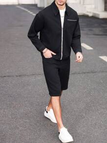 Manfinity Homme Men's Denim Set With Zip Up Jacket & Shorts, Minimalist & Fashionable, Suitable For Summer - Black - View 8