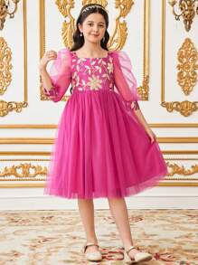 Tween Girls Floral Embroidery Spliced Mesh Short Sleeve Elegant Dress - Hot Pink - View 4