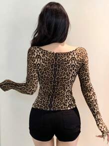 DAZY Women Lace Splice Leopard Print Long Sleeve Slim Fit T-Shirt,Fall Clothes