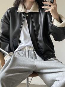 DAZY 女式 PU 皮革和仿羊毛拼布夹克，秋季女装