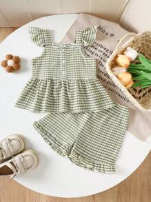 SHEIN Vintaside Kids Baby Girl Spring/Summer 2pcs Outfit - Green Lively Cute Style Woven Fabric Cami Top With Button Detail, Elastic Waist Loose Shorts, Suitable For Outings, Travel