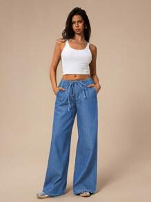Forever 21 Women's Pockets Wide Leg Loose Casual Versatile Denim Jeans - Baby Blue - View 3