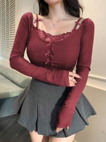 DAZY Lace Splice 2 In 1 Fitted Women Tee Long Sleeve Women Tops,Fall Women Clothes - Burgundy - View 4