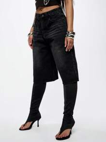 SUMWON WOMEN Wide Leg Denim Jorts Shorts, High Waist Jorts With Vintage Wash, Casual Loose Fit Street Style Culotte Length Fashion Bottoms With Side Pockets - Black - View 5