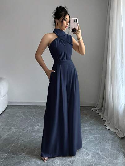 Firerie Women's Solid Color Turtleneck Sleeveless Wide Leg Jumpsuit