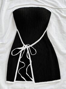 Soleia Casual & Comfortable Color Block Lace-Up Fitted Sweater Dress - Black - View 5