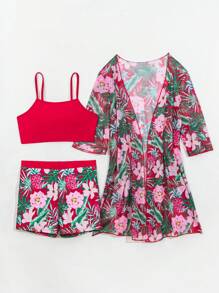 SHEIN Swim 3pcs/Set Women Assorted Print Beach Wear Outfits - Spaghetti Strap Top, Shorts, And Cover-Up Kimono, For Spring Break/Summer Vacation - Multicolor - View 8